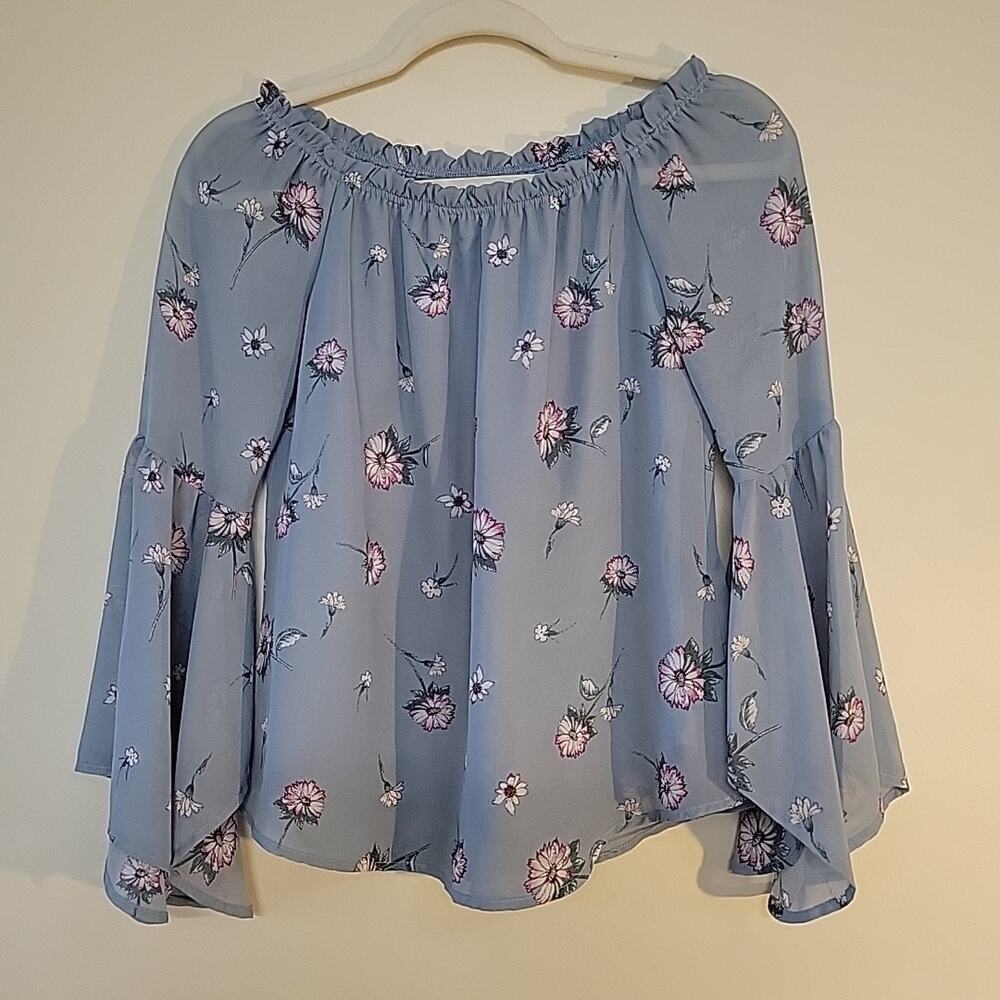 Girls Size L Blue Floral Bell Sleeves Top Ruffle Neckline Hippie Boho Peasant